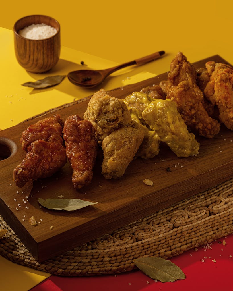 Assorted fried chicken wings on a wooden platter with vibrant yellow background, perfect for food lovers.
