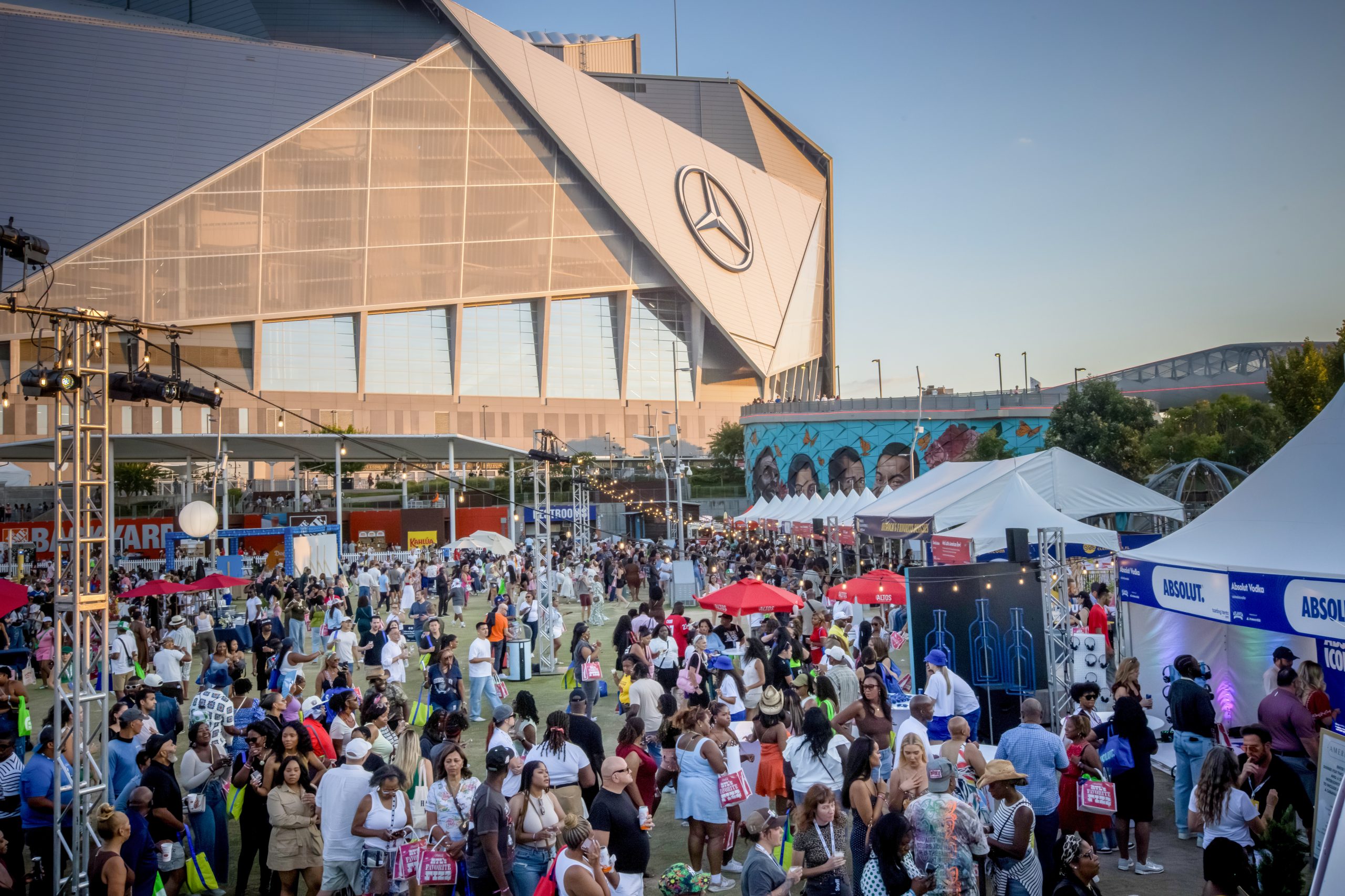 Crowds enjoying the Atlanta Food & Wine Festival Tasting Tents outside Mercedes-Benz Stadium
